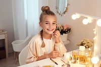 Kid girl makeup routine smile child hairstyle.
