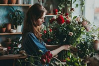 Women make flower arrangement plant concentration entrepreneur.
