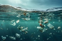 Plastic wastes floating in the open ocean pollution outdoors nature.