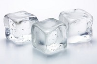 Three ice cubes crystal white white background.