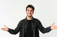 Young handsome caucasian man over isolated background extending hands to the side for inviting to come portrait smile adult.