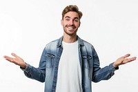 Young handsome caucasian man over isolated background extending hands to the side for inviting to come portrait smile adult.