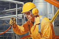 Man worker supervisor with engineer safety suit work factory hardhat helmet.
