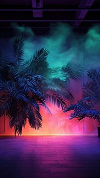 Empty room with brick walls and neon lights tropical night architecture.