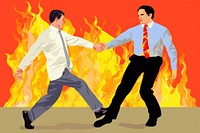 2 business men shakehand and fire on him body footwear adult sign.