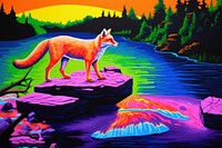 A fox walking on the stone above the river outdoors painting animal.