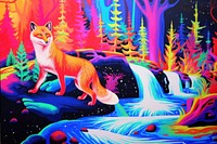 A fox walking on the stone above the river painting mammal art.