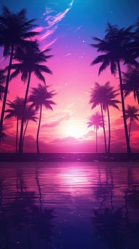 Purple neon wireframe landscape with palm trees sunset sky outdoors.