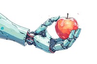Robot hand holding apple cartoon technology painting.