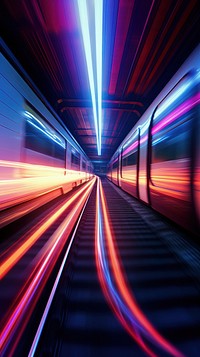 Fast train with motion blur glowing tunnel subway.