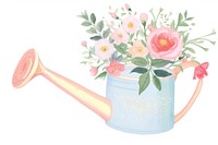 Watering can with flowers plant rose white background.