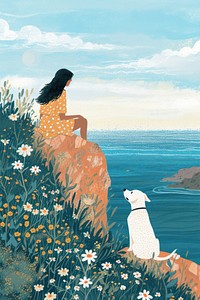 Women sitting with her white dog coast outdoors cartoon.