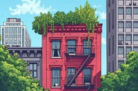 Red row house between 2 tall grey skyscraper architecture building cartoon.