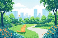 Cat catching butterfly in the park landscape outdoors cartoon.