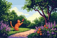 Cat catching butterfly in the park tree outdoors cartoon.