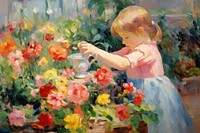 Kid gardening painting flower plant.