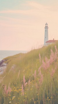 Pastel wallpaper spring hill grass architecture lighthouse.