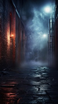 Old brick wall with neon lights street night alley.