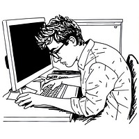 Outline Drawing illustration of a man working with computer drawing sketch cartoon.