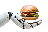 Robot hand holding burger food white background technology.