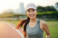 An beautiful asian athlete taking selfie while jogging in public park portrait smile photo.