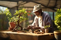 Elderly african american man trimming bonsai plant adult tree.