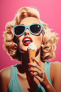 Airbrush art of a girl eating icecream sunglasses dessert adult.
