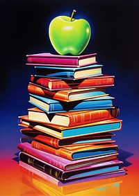 Airbrush art of an apple on book stacked publication intelligence university.