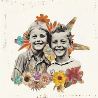 Paper collage of two kids smiling flower art portrait.