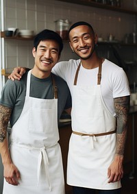 2 men wearing white fabric apron adult togetherness entrepreneur.