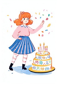 Doodle illustration adult girl cake birthday dessert.