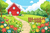Farm landscape cute cartoon vector architecture outdoors building.