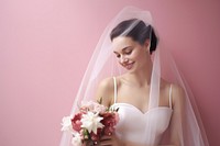 Smiling bride in wedding fashion flower dress.