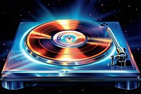 Airbrush art of a vinyl record player illuminated performance electronics.