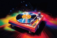 Airbrush art of a vinyl record player light illuminated performance.