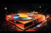 Airbrush art of a vinyl record player night illuminated electronics.