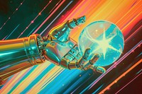 A robot hand is holding a glowing glass ball in front light space art.