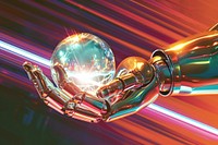 A robot hand is holding a glowing glass ball in front sphere light art.