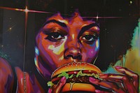 Afro woman eating a hamburger art food representation.