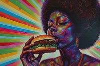 Afro woman eating a hamburger portrait adult food.