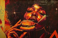Afro woman eating a hamburger adult food art.