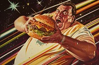 An overweight man indulging in a massive burger adult food advertisement.