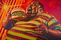 An overweight man indulging in a massive burger art food photography.