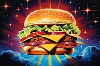 Airbrush art of a burger food advertisement illuminated.