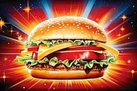 Airbrush art of a burger food advertisement illuminated.