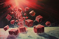 Cubes of raw beef falling art painting jacuzzi.