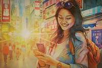 Happy young Asian tourist woman using smartphone on street portrait happy city.