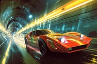 Racing car at high speed riding in illuminated road tunnel vehicle wheel transportation.