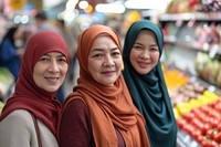 Three Muslim mature woman shopping together market adult happy.