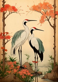 Ukiyo-e art two cranes painting animal bird.